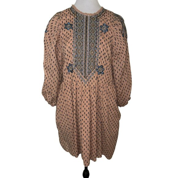 Anthropologie Embroidered Cotton Boho Lined Tunic Mini Dress Size M - Picture 1 of 10